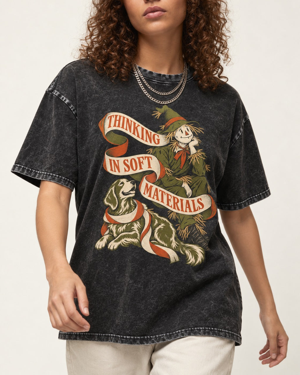 Golden Retriever Thinking in Soft Materials Scarecrow Graphic Washed Tee in Black, worn by a model, front view
