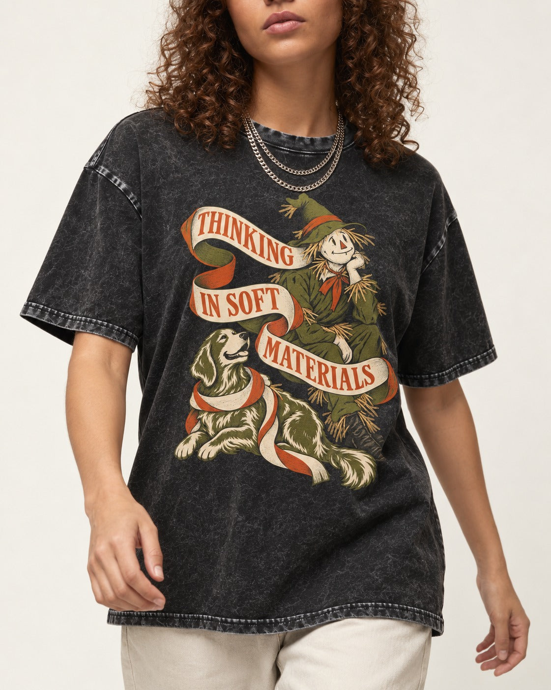 Golden Retriever Thinking in Soft Materials Scarecrow Graphic Washed Tee in Black, worn by a model, front view
