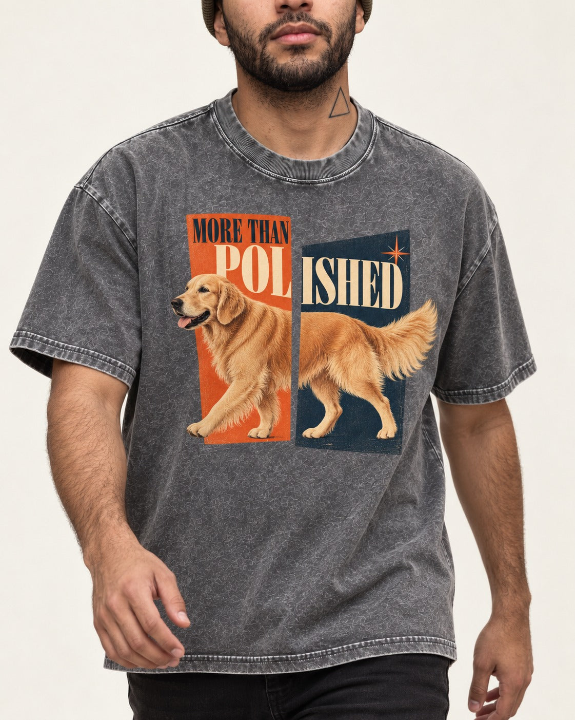 Golden Retriever More Than Polished Split Panel Graphic Washed Tee in Gray, worn by a model, front view