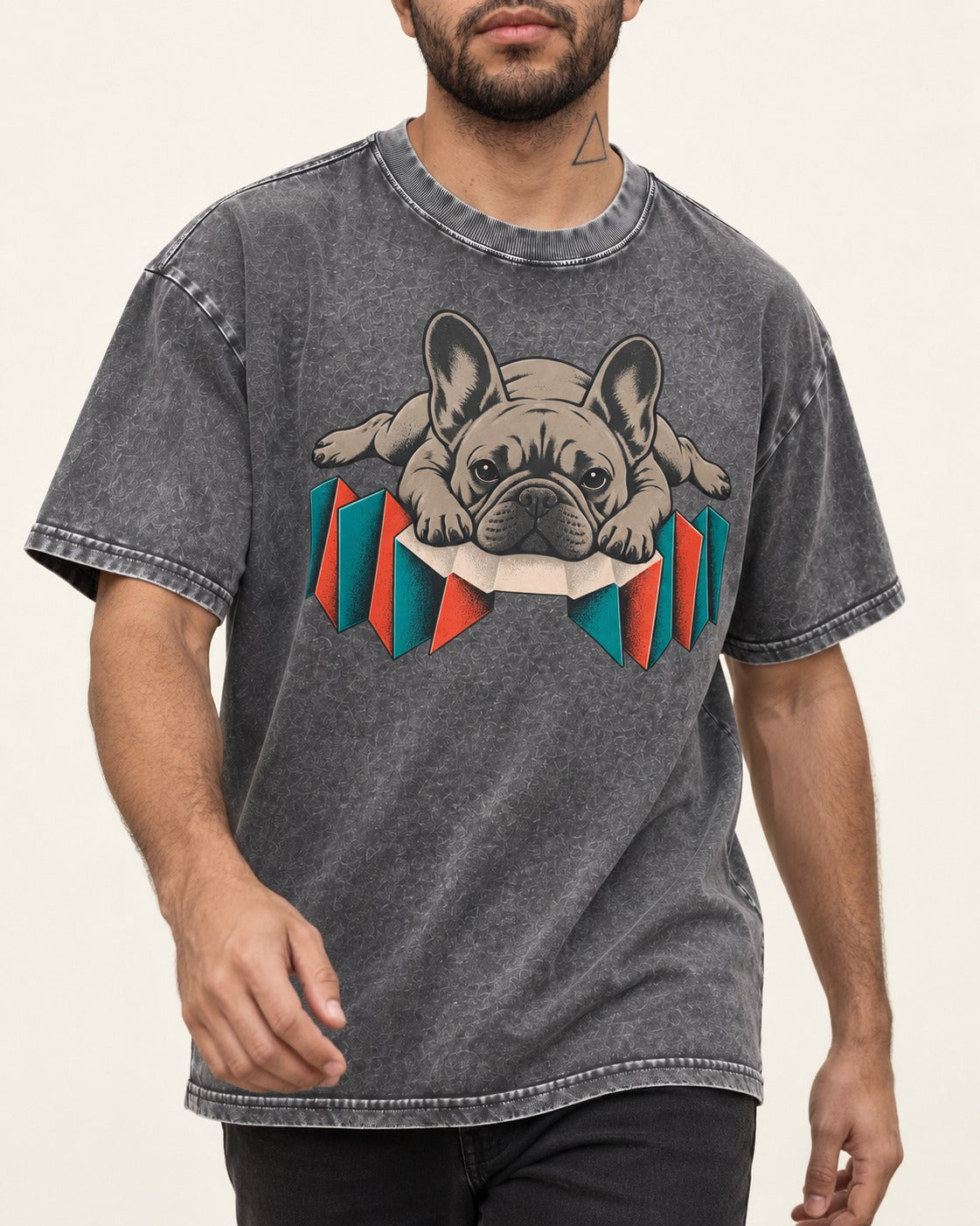 Frenchie Sploot Press Graphic Washed Tee in Gray, worn by a model, front view