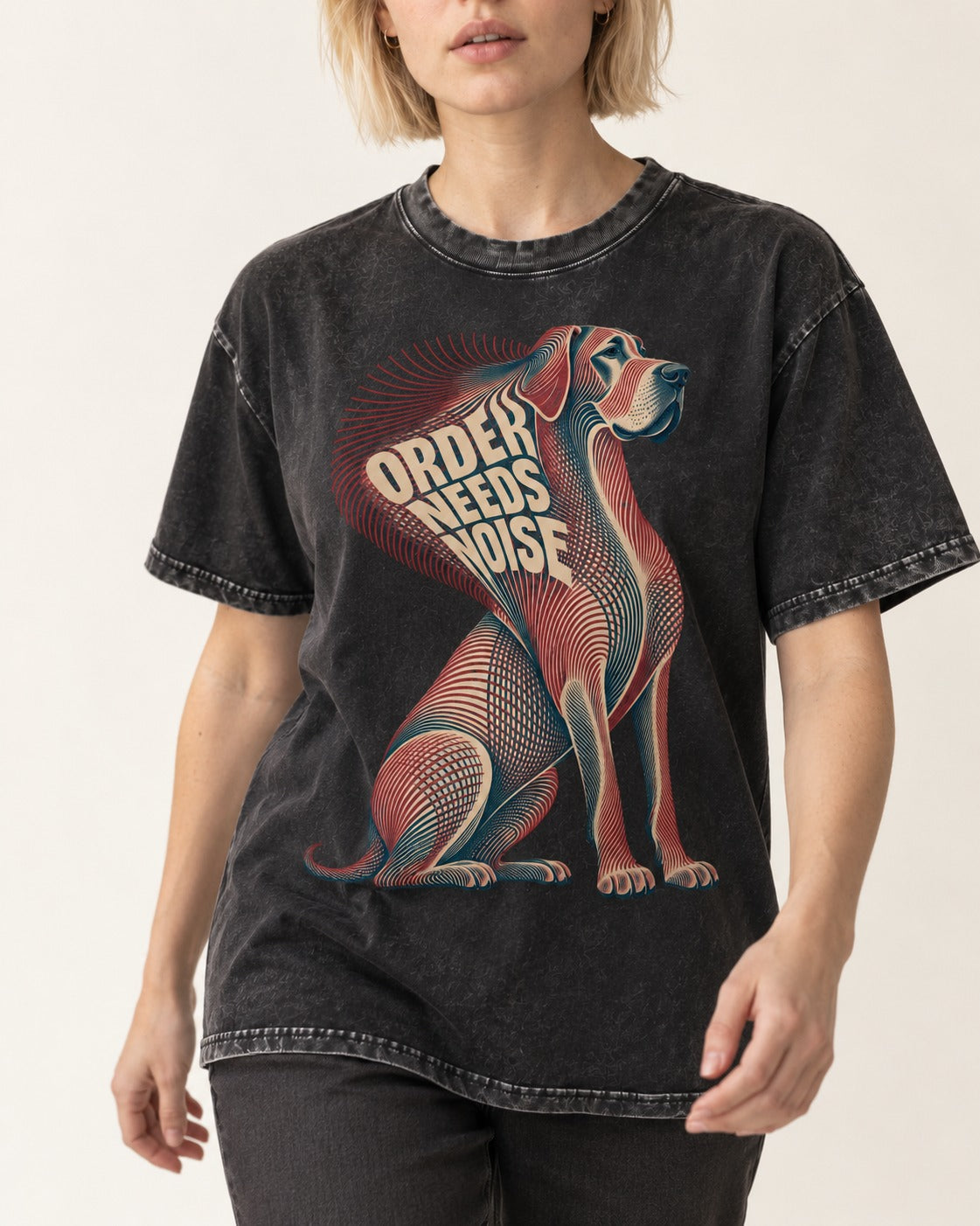 Great Dane Order Needs Noise Optical Line Graphic Washed Tee in Black, worn by a model, front view