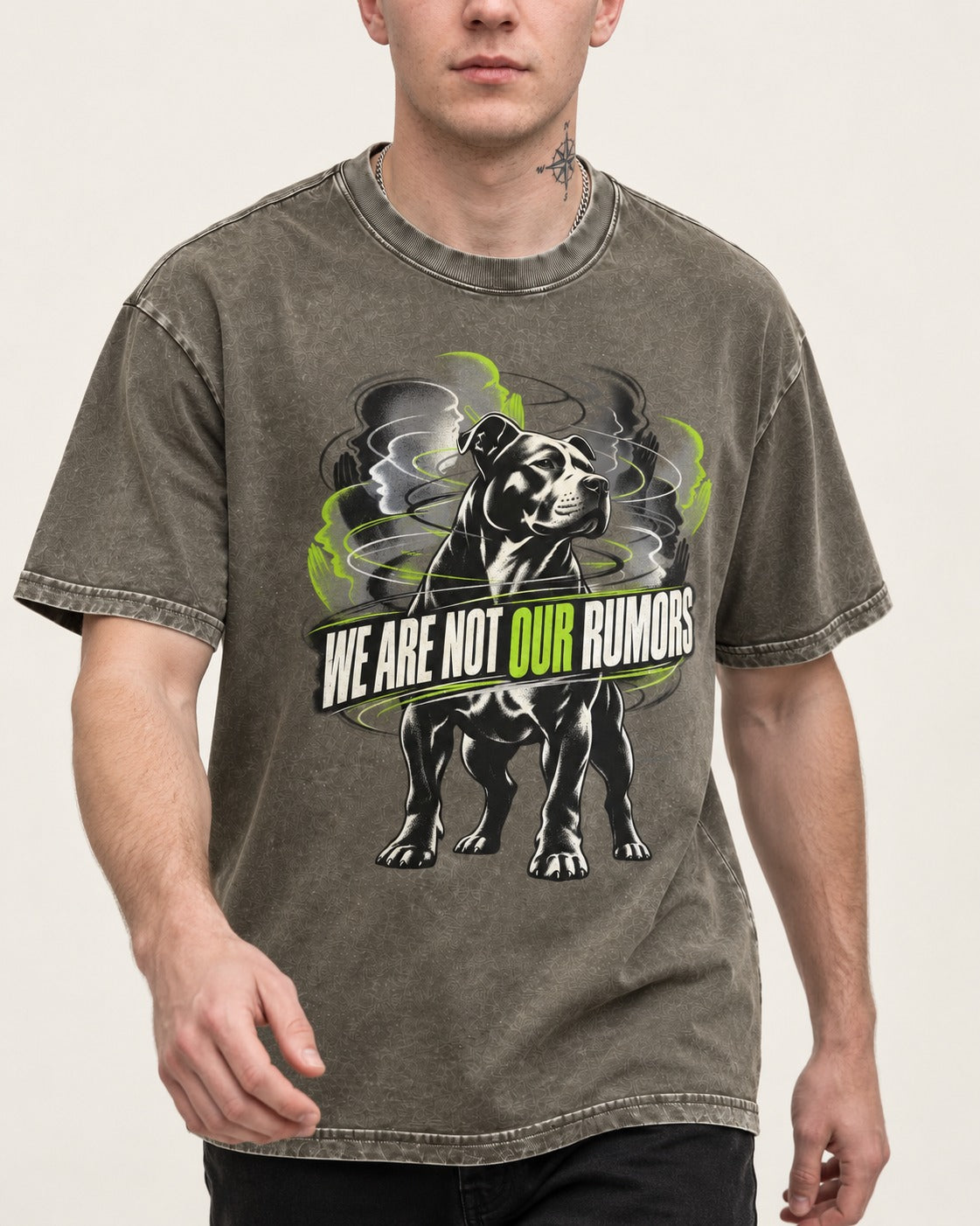 Pitbull We Are Not Our Rumors Swirling Voices Graphic Washed Tee in Army Green, worn by a model, front view