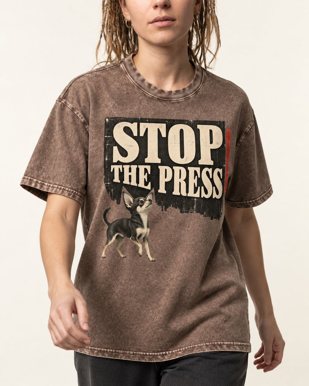 Stop the Press Chihuahua Washed Tee in Coffee, worn by a model, front view