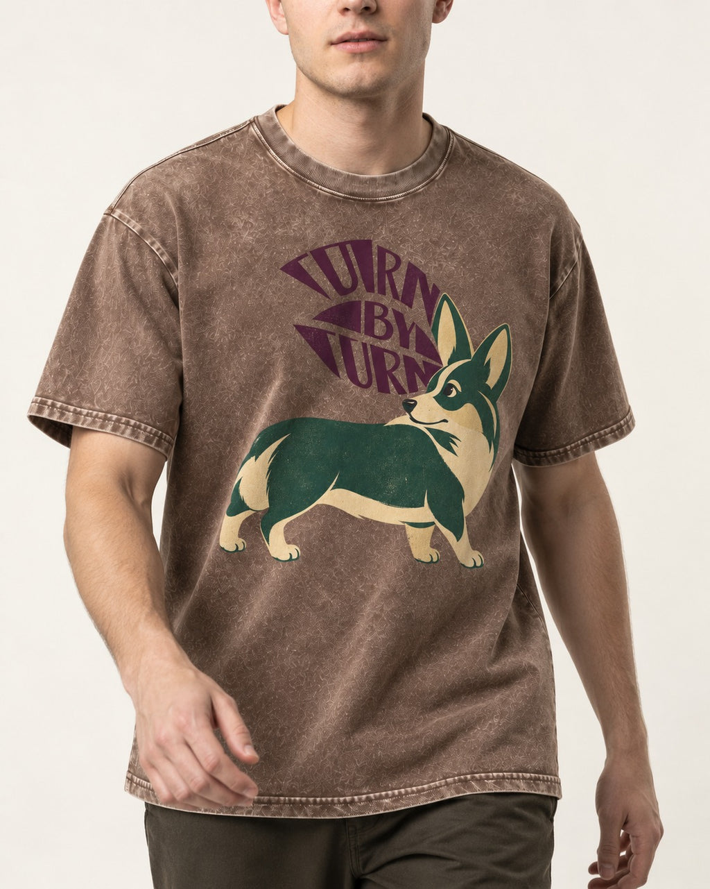 Turn by Turn Corgi Washed Tee in Coffee, worn by a model, front view