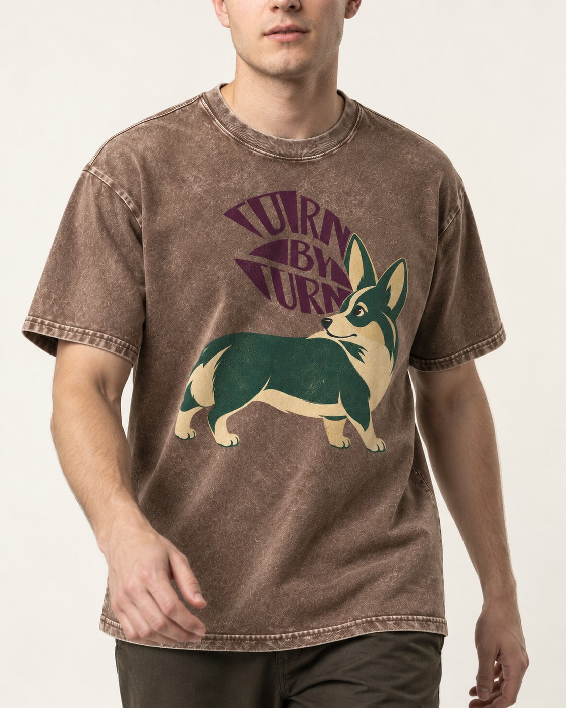 Turn by Turn Corgi Washed Tee in Coffee, worn by a model, front view