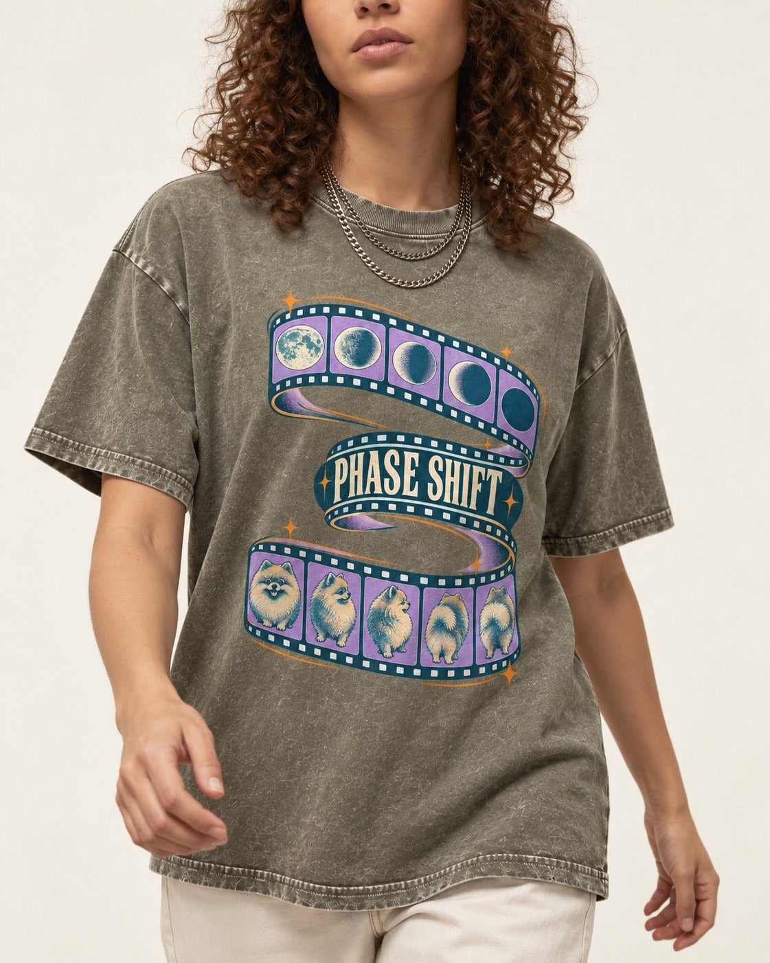 Pomeranian Phase Shift Filmstrip Graphic Washed Tee in Army Green, worn by a model, front view