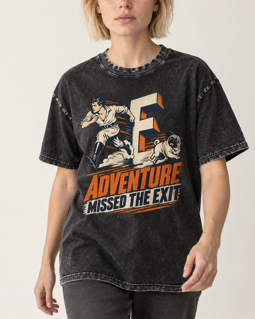 Pug Adventure Missed the Exit Running Graphic Washed Tee in Black, worn by a model, front view