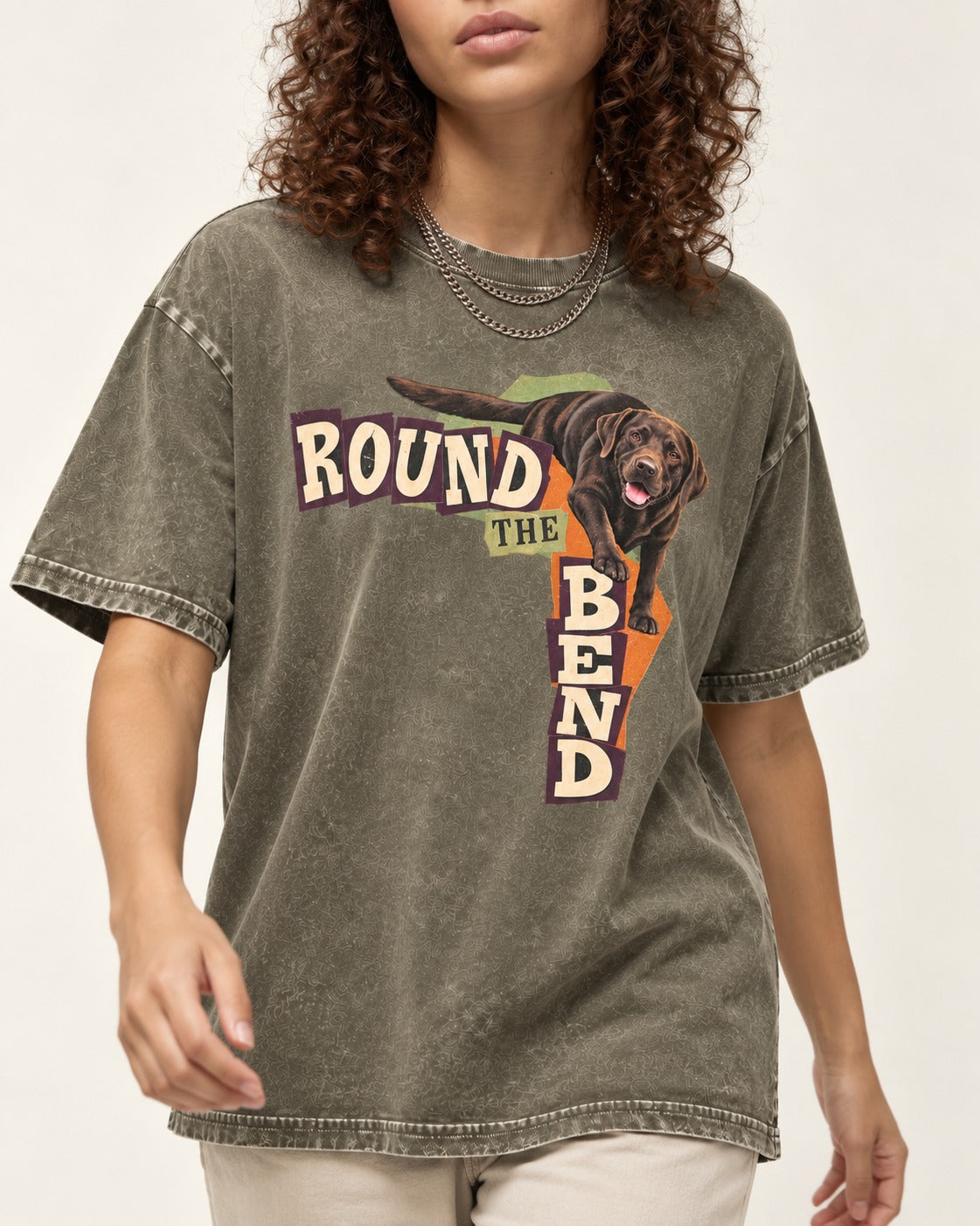 Labrador Retriever Round the Bend Collage Graphic Washed Tee in Army Green, worn by a model, front view