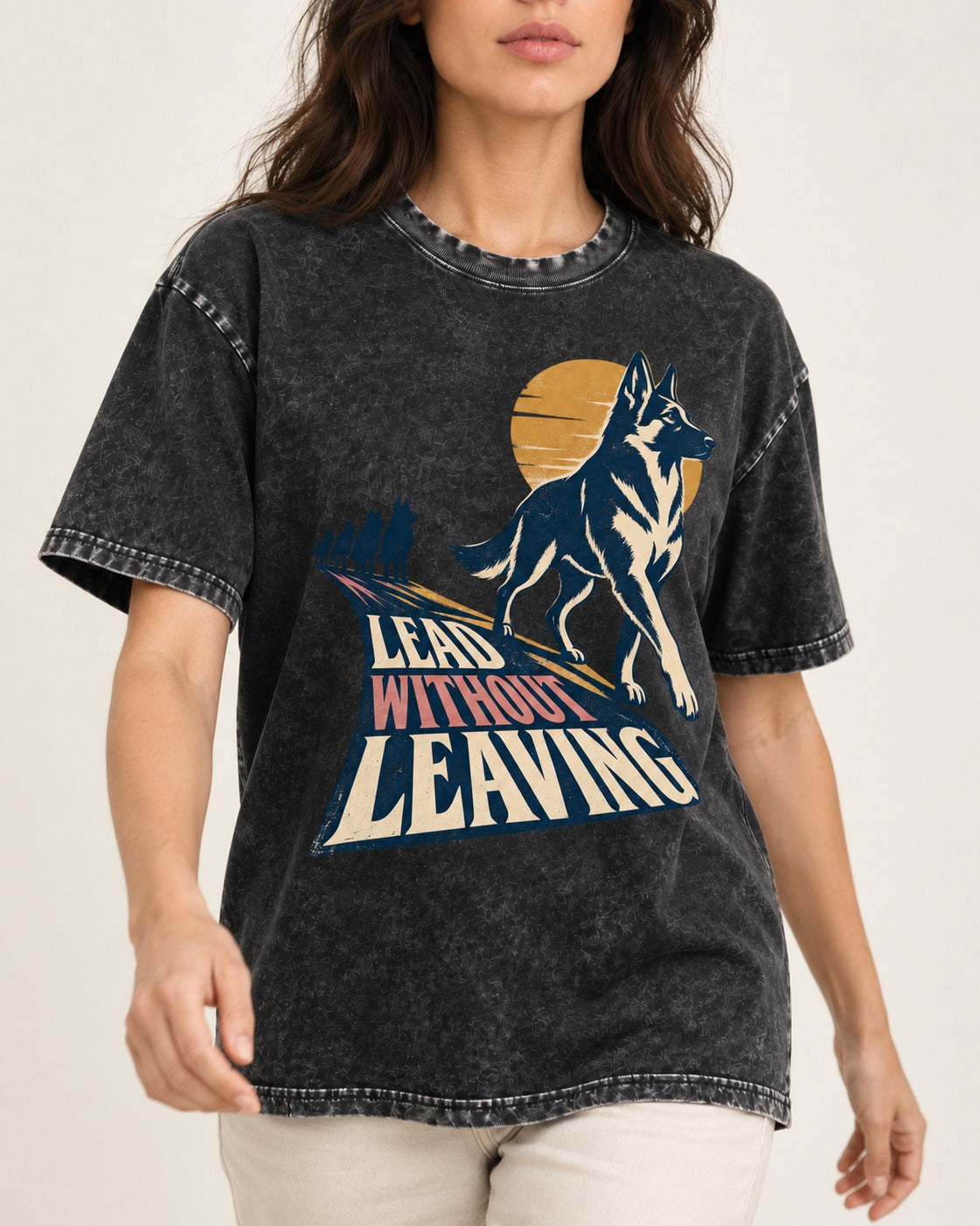 Lead Without Leaving Perspective German Shepherd Dog Graphic Washed Tee in Black, worn by a model, front view