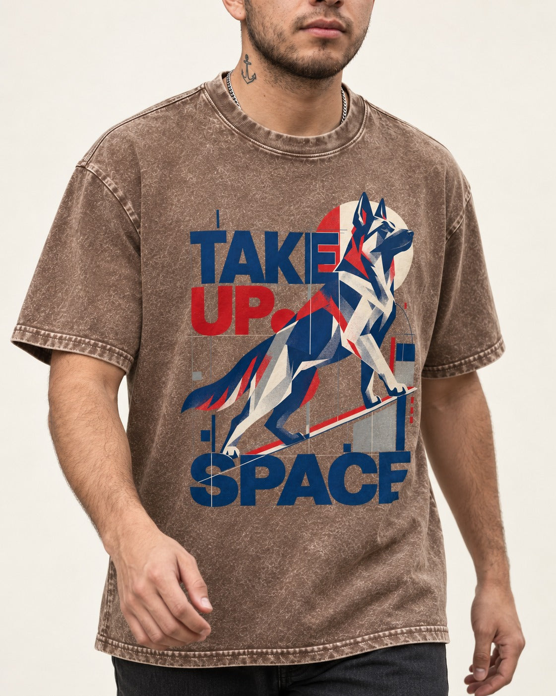 Take Up Space German Shepherd Dog Washed Tee in Coffee, worn by a model, front view