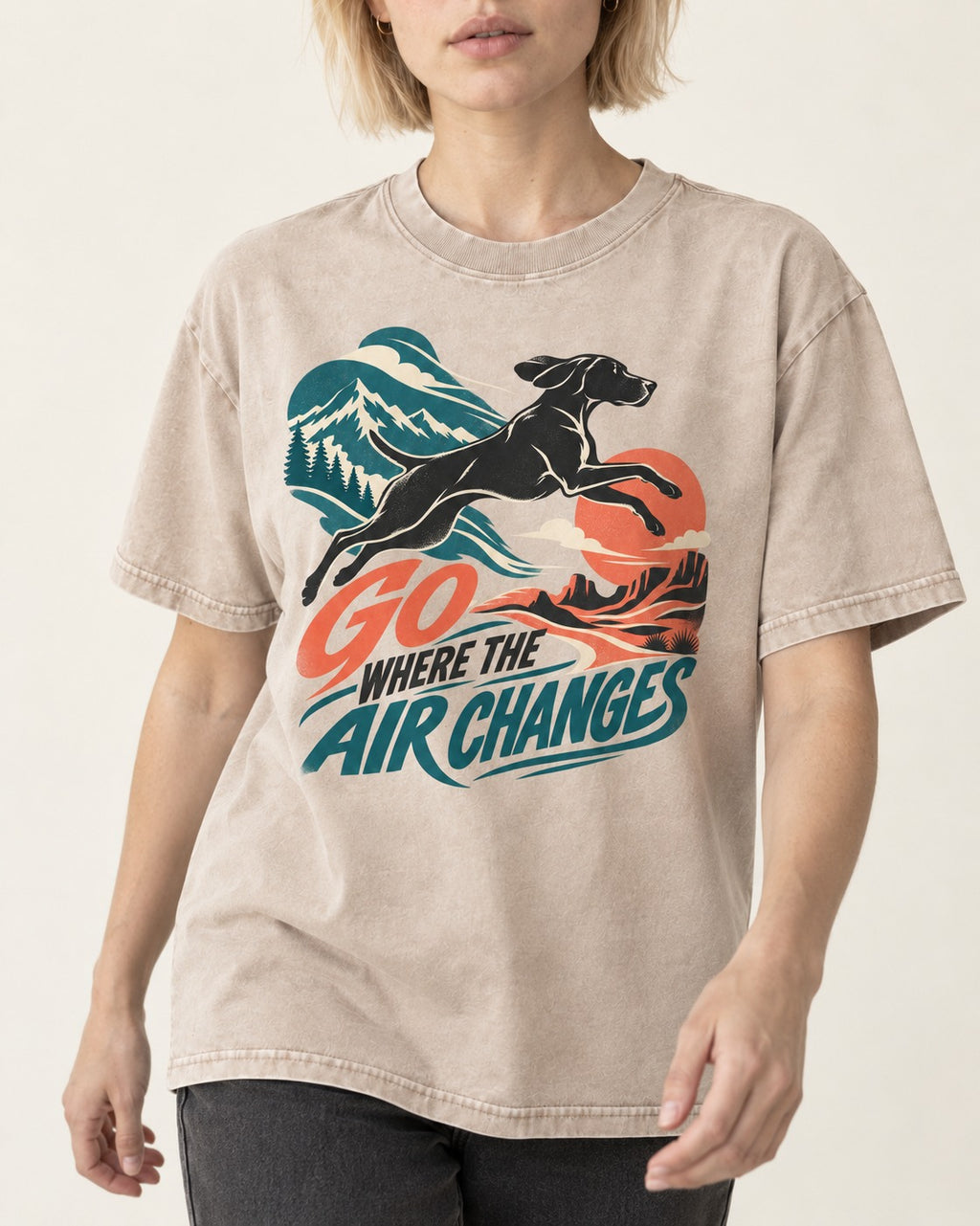 German Shorthaired Pointer Where the Air Changes Washed Tee in Apricot, worn by a model, front view