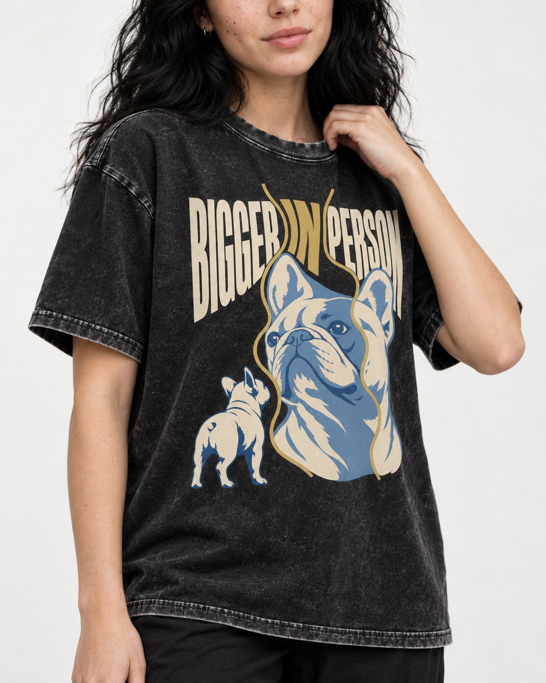Frenchie Bigger in Person Mirror Graphic Washed Tee in Black, worn by a model, front view