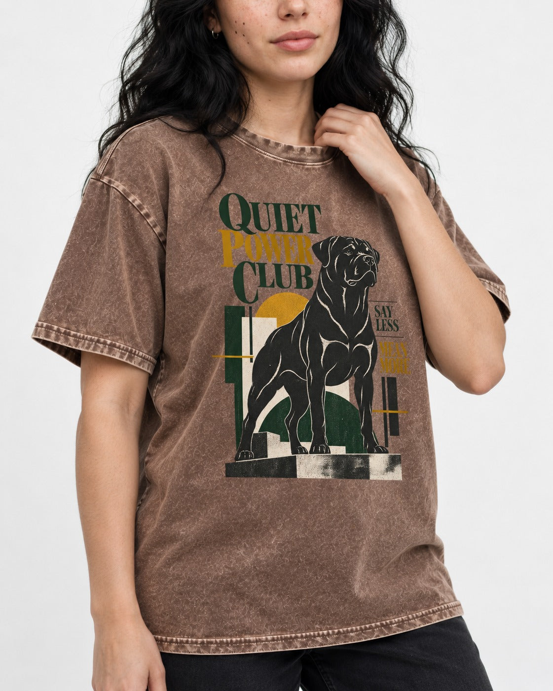 Rottweiler Quiet Power Club Washed Tee in Coffee, worn by a model, front view