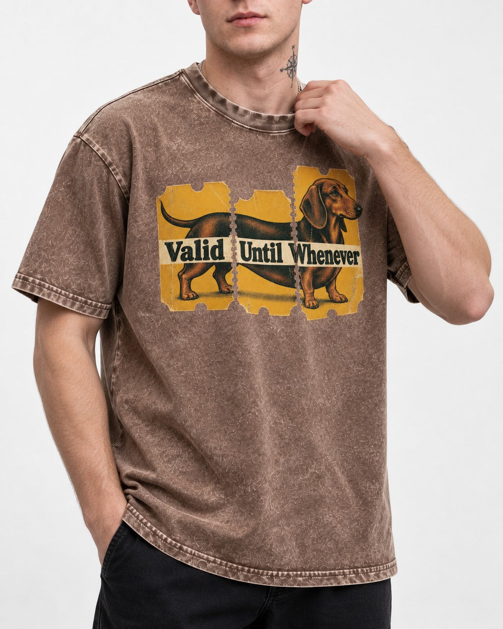 Dachshund Valid Until Whenever Washed Tee in Coffee, worn by a model, front view