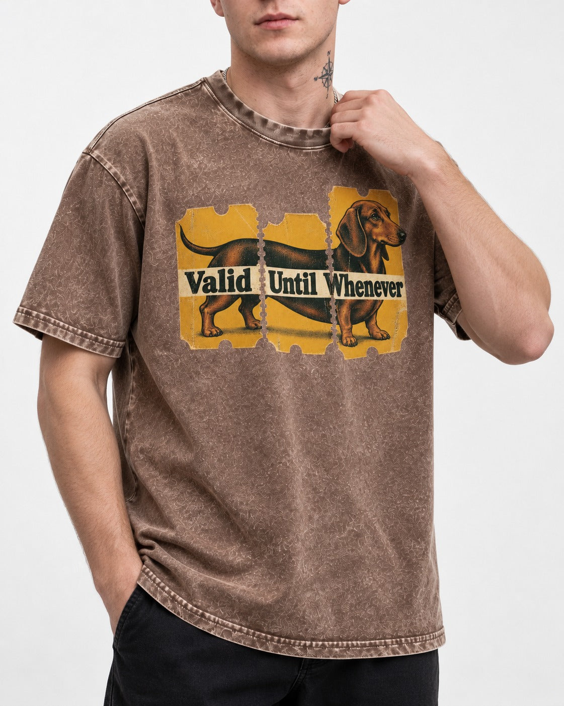 Dachshund Valid Until Whenever Washed Tee in Coffee, worn by a model, front view