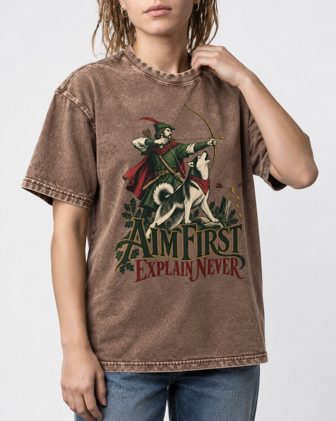 Husky Aim First Explain Never Washed Tee in Coffee, worn by a model, front view