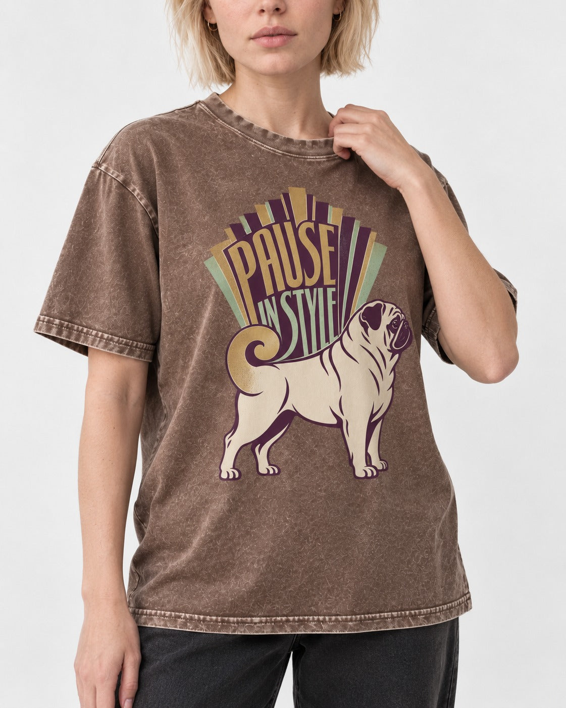 Pug Pause Washed Tee in Coffee, worn by a model, front view