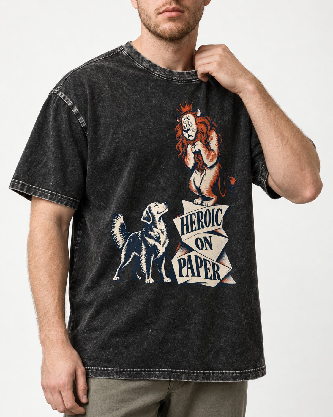 Golden Retriever Heroic on Paper Lion Graphic Washed Tee in Black, worn by a model, front view