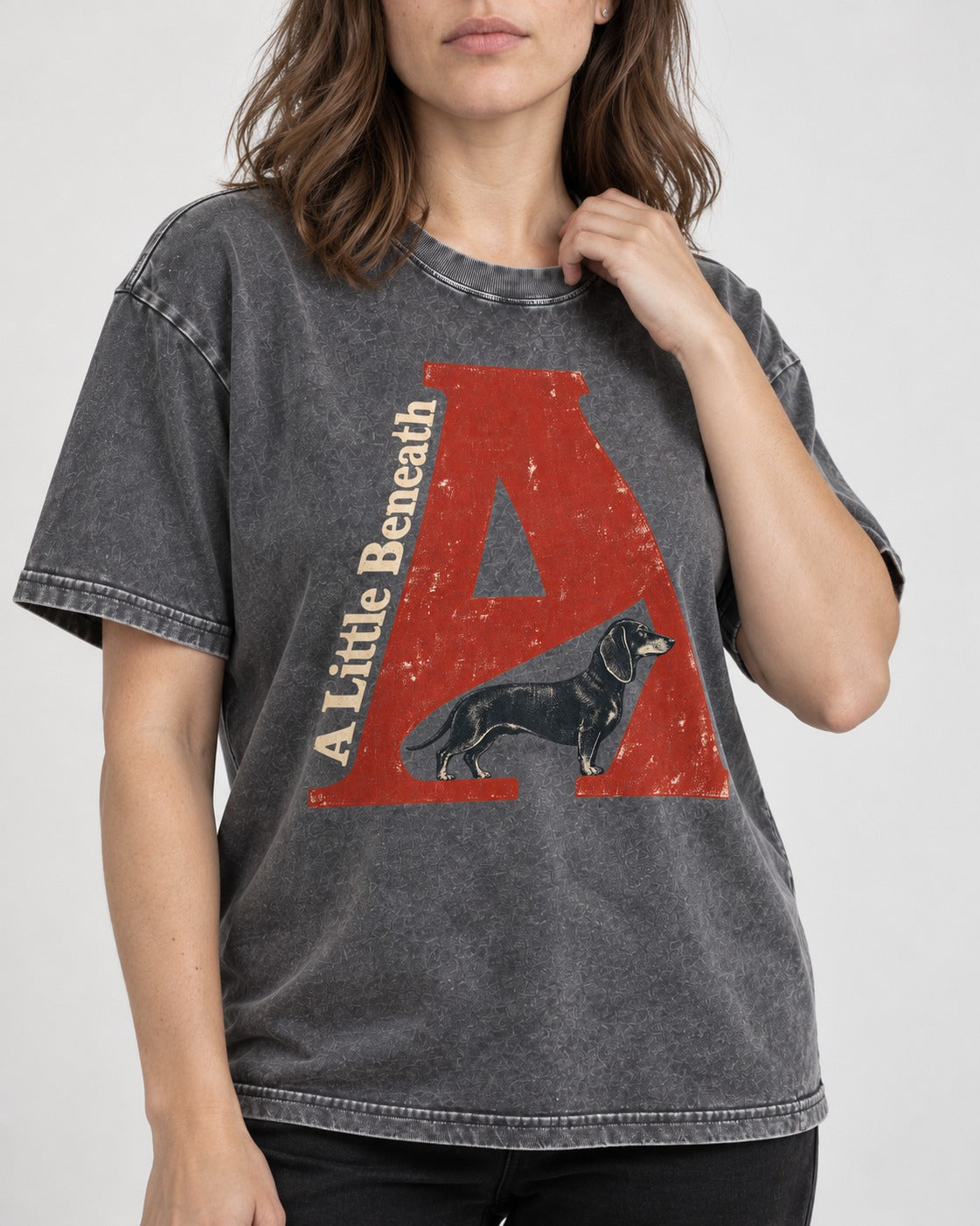 Dachshund A Little Beneath Monumental Letter Graphic Washed Tee in Gray, worn by a model, front view