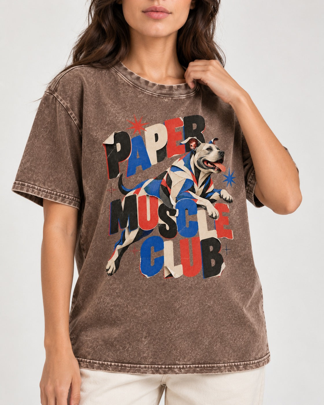 Pitbull Paper Muscle Club Collage Graphic Washed Tee in Coffee, worn by a model, front view