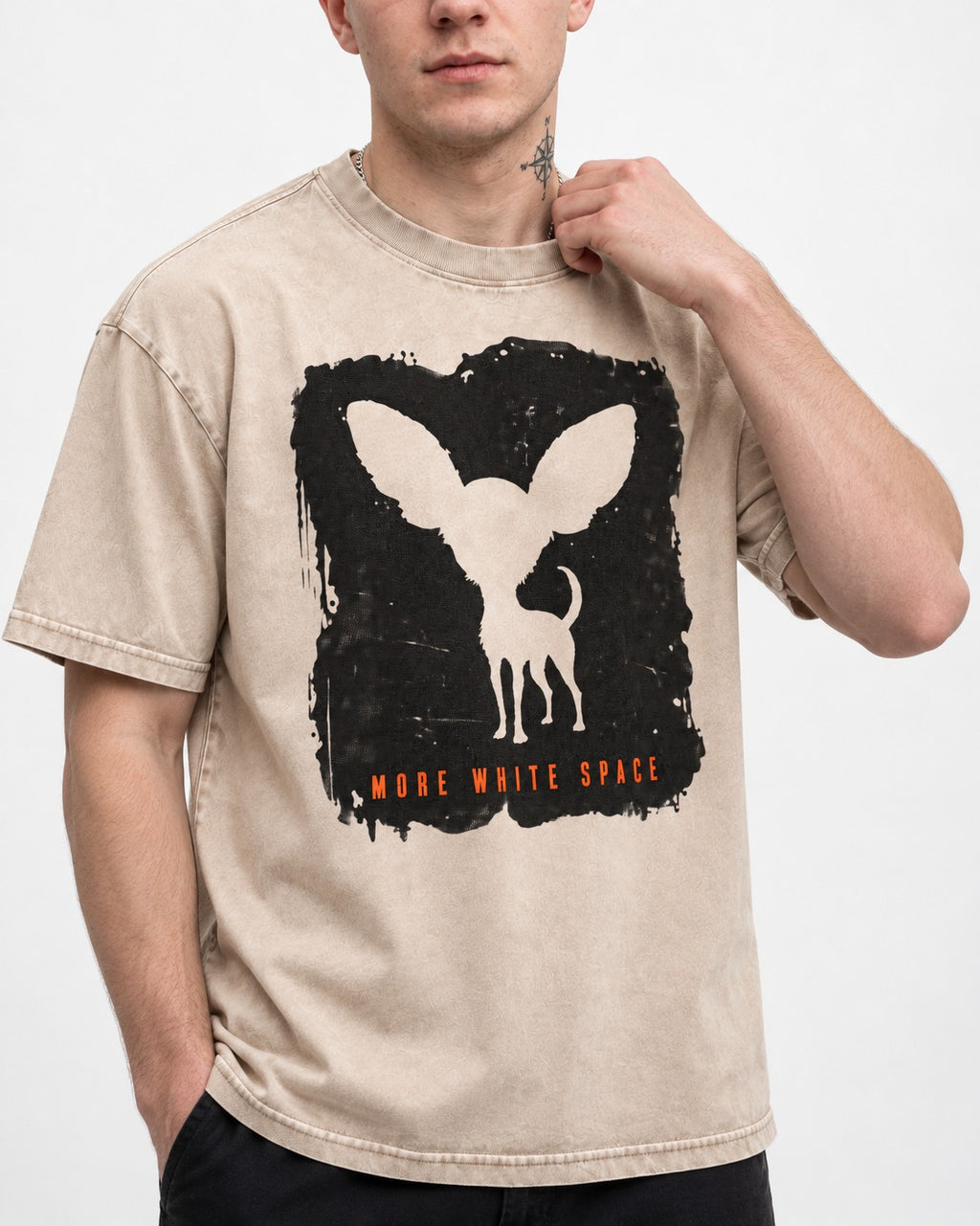 More White Space Chihuahua Washed Tee in Apricot, worn by a model, front view