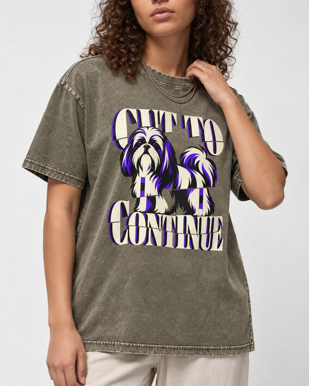 Shih Tzu Cut to Continue Dimensional Typography Graphic Washed Tee in Army Green, worn by a model, front view
