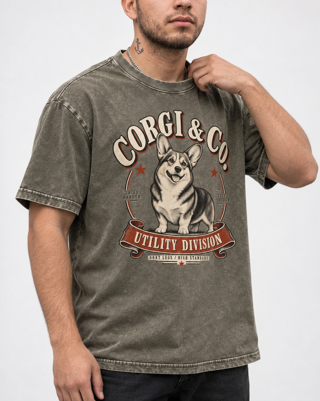 Corgi and Co Utility Division Emblem Washed Tee in Army Green, worn by a model, front view