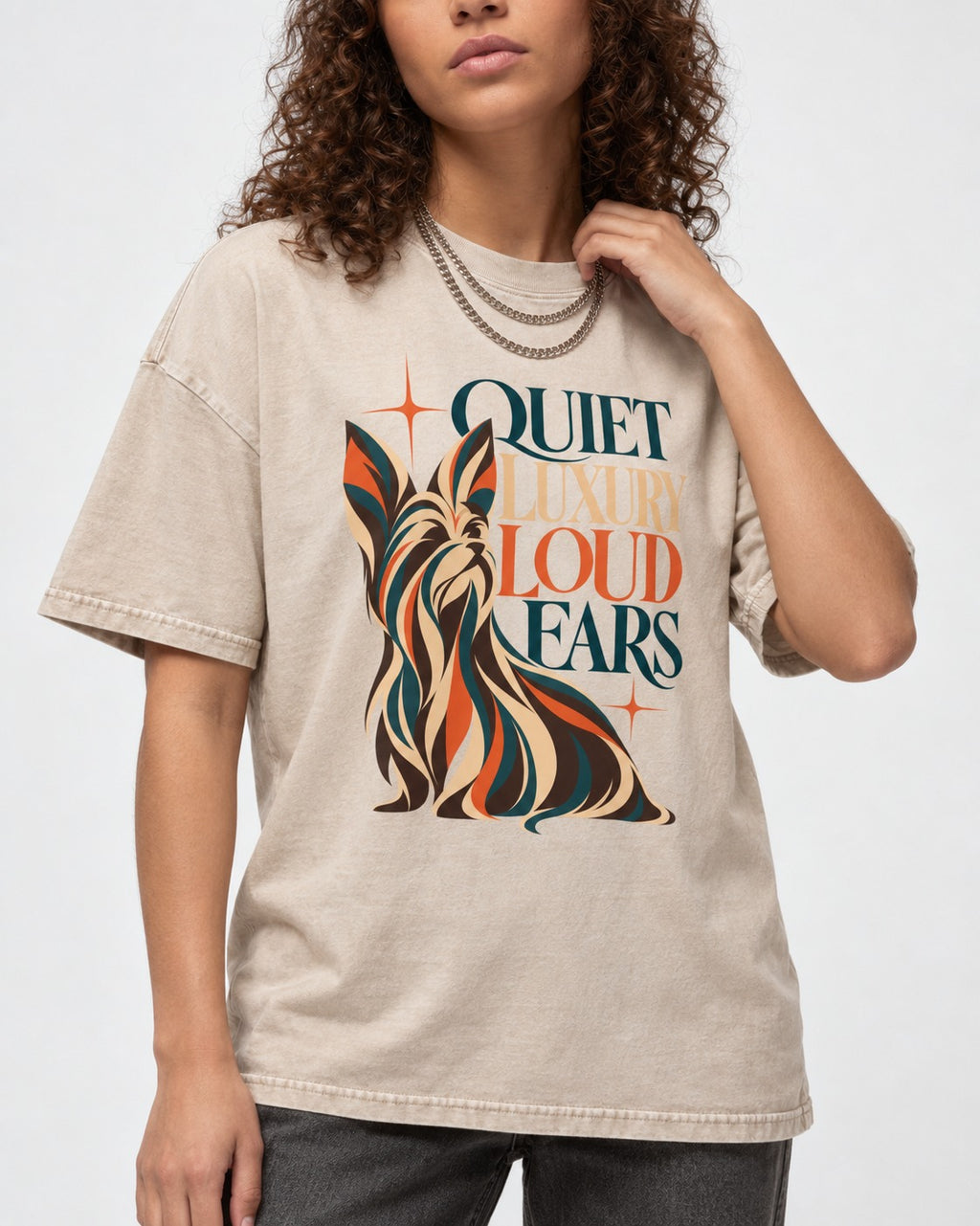 Quiet Luxury Loud Ears Yorkshire Terrier Washed Tee in Apricot, worn by a model, front view