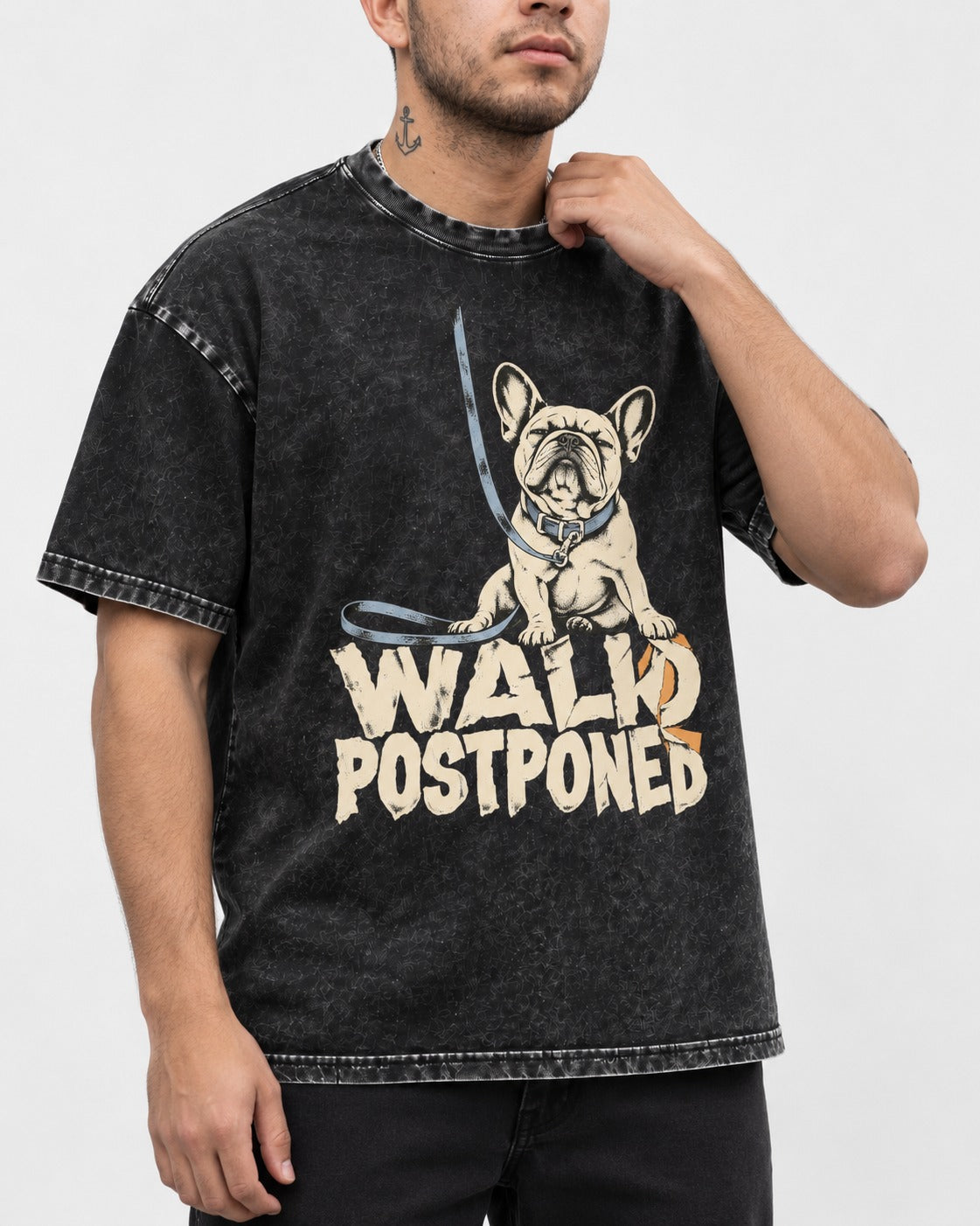 Frenchie Walk Postponed Leash Graphic Washed Tee in Black, worn by a model, front view