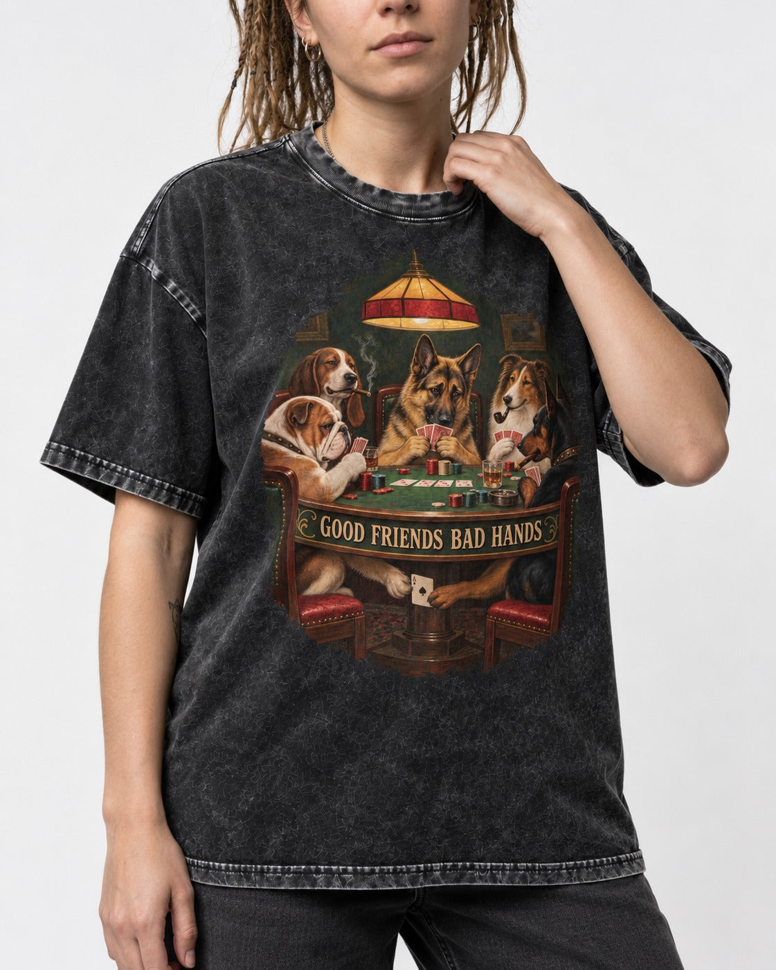 German Shepherd Dog Good Friends Bad Hands Poker Graphic Washed Tee in Black, worn by a model, front view