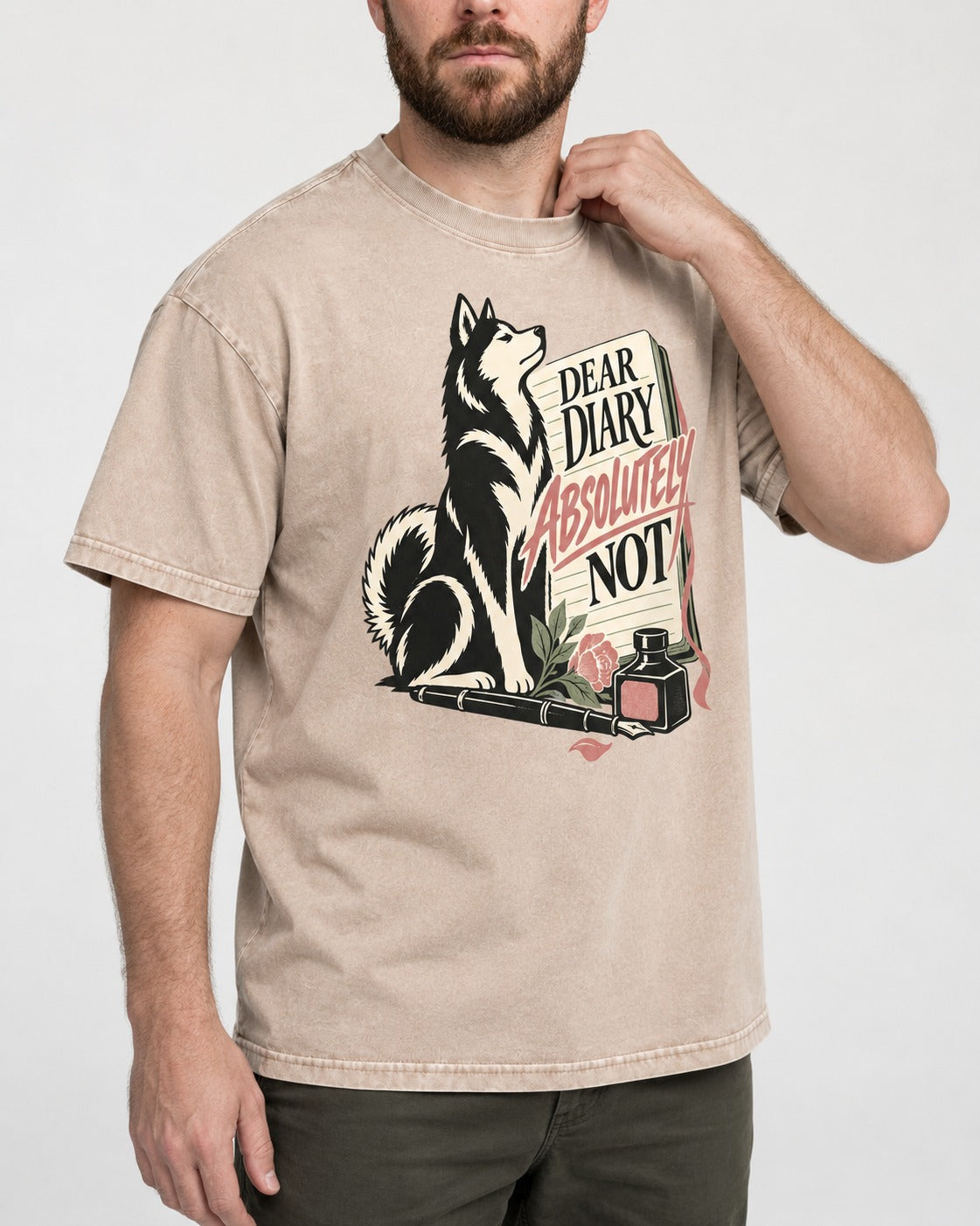 Husky Absolutely Not Washed Tee in Apricot, worn by a model, front view