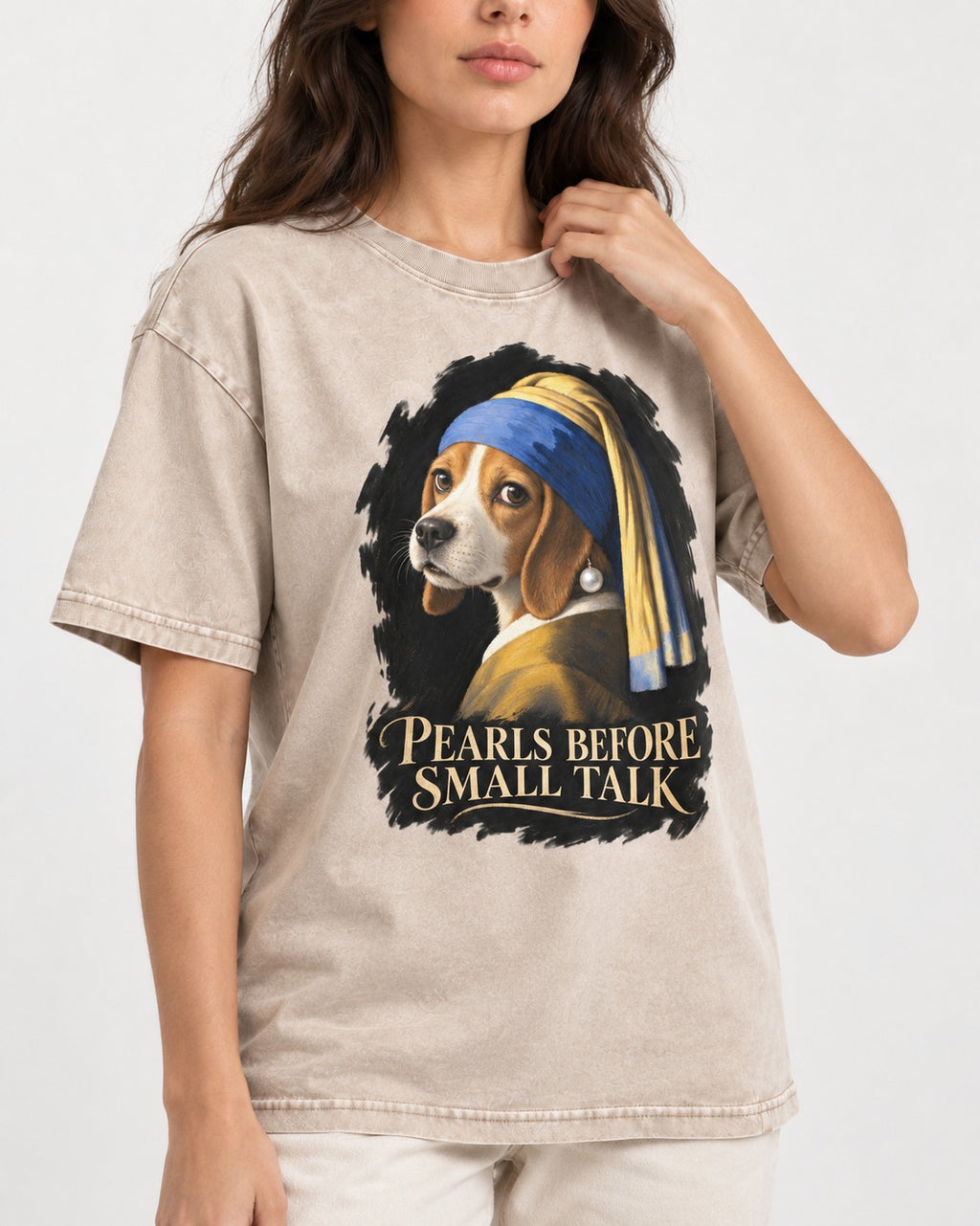 Beagle Paris Before Small Talk Washed Tee in Apricot, worn by a model, front view