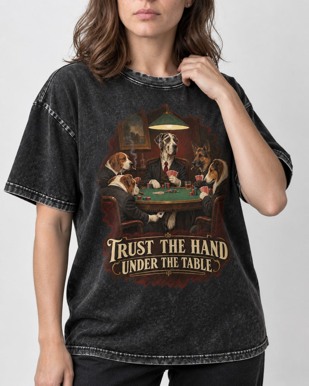 Great Dane Trust the Hand Under the Table Poker Graphic Washed Tee in Black, worn by a model, front view