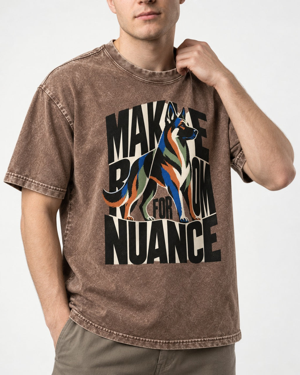 Make Room for Nuance German Shepherd Dog Washed Tee in Coffee, worn by a model, front view