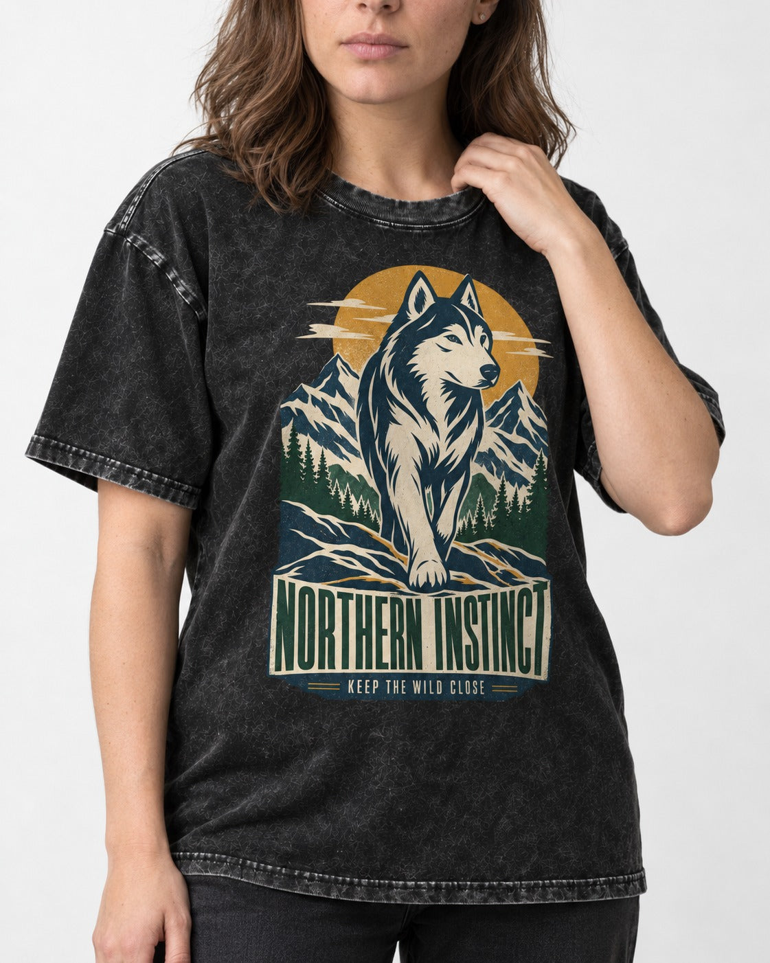 Husky Northern Instinct Mountain Sentinel Washed Tee in Black, worn by a model, front view
