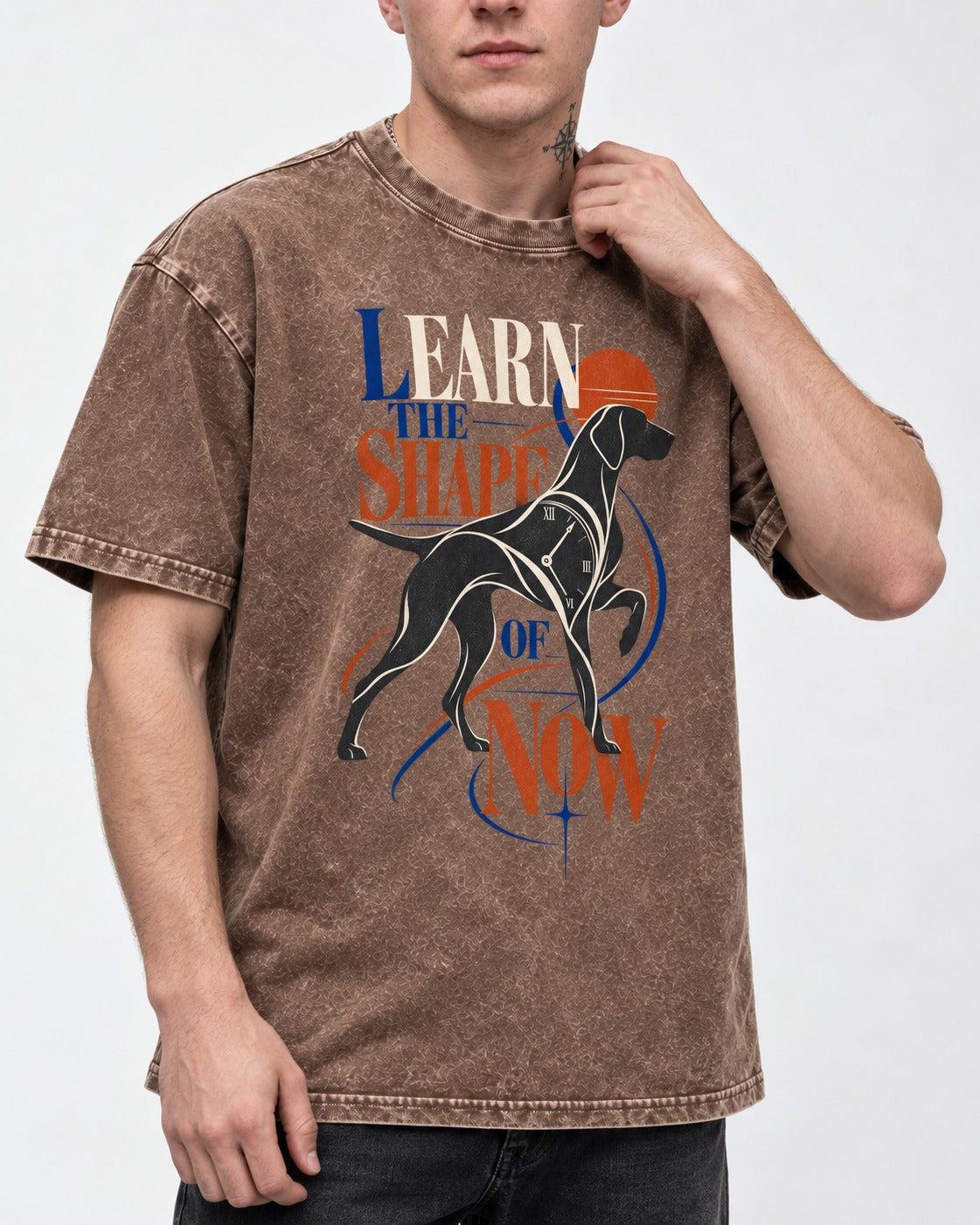 German Shorthaired Pointer Learn the Shape of Now Clock Graphic Washed Tee in Coffee, worn by a model, front view
