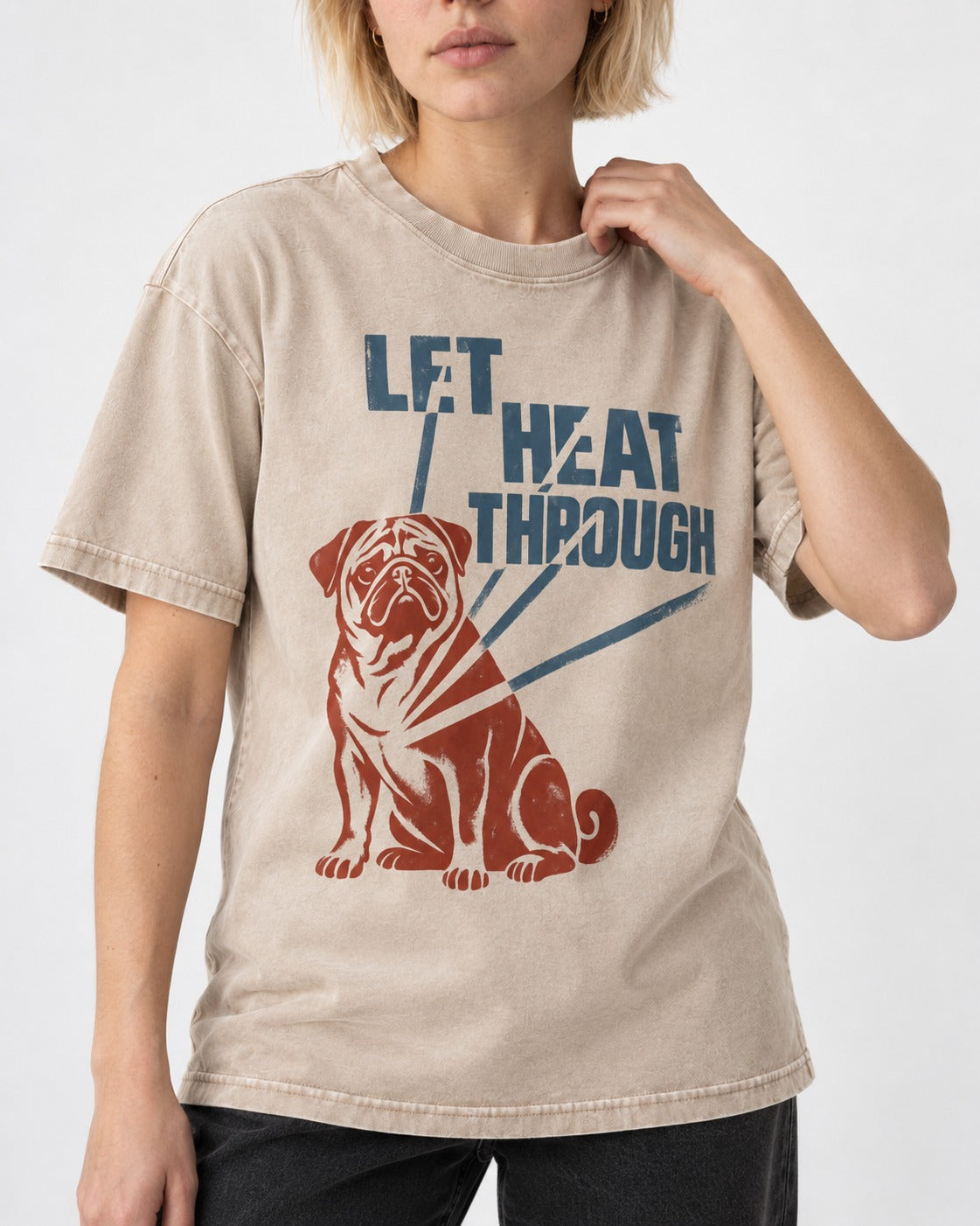 Let the Pug Through Washed Tee in Apricot, worn by a model, front view