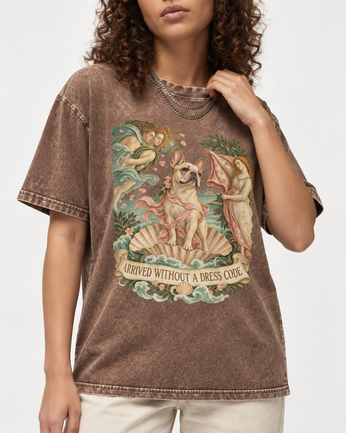 Frenchie Without a Dress Code Washed Tee in Coffee, worn by a model, front view