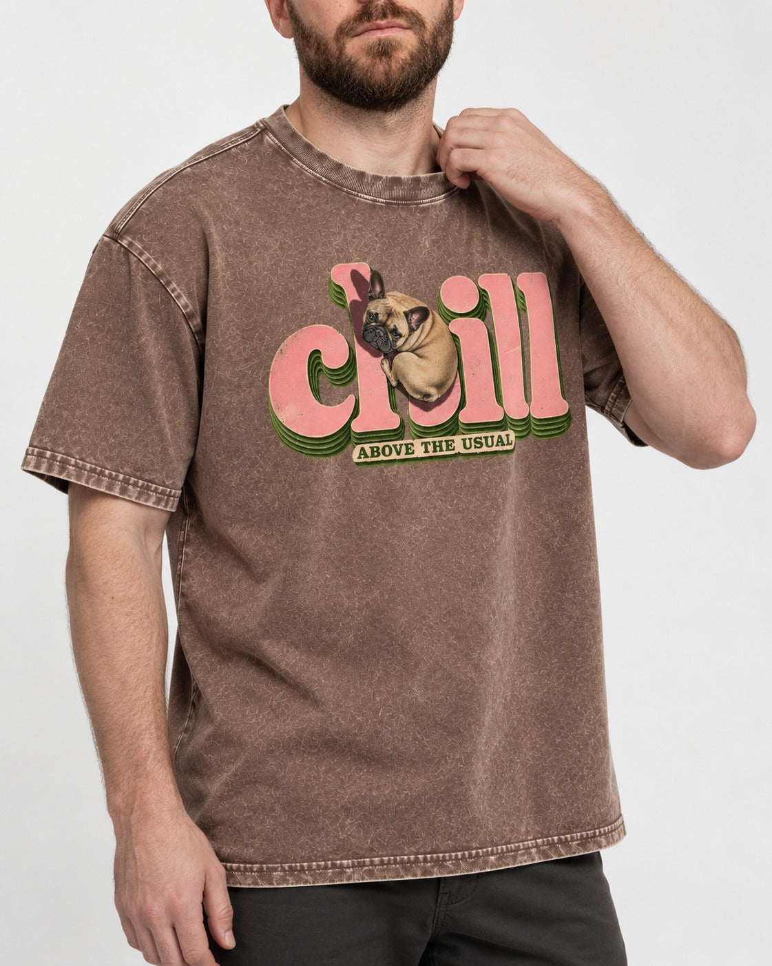 Frenchie Chill Washed Tee in Coffee, worn by a model, front view