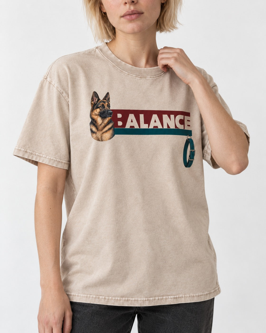 German Shepherd Dog Balance Washed Tee in Apricot, worn by a model, front view