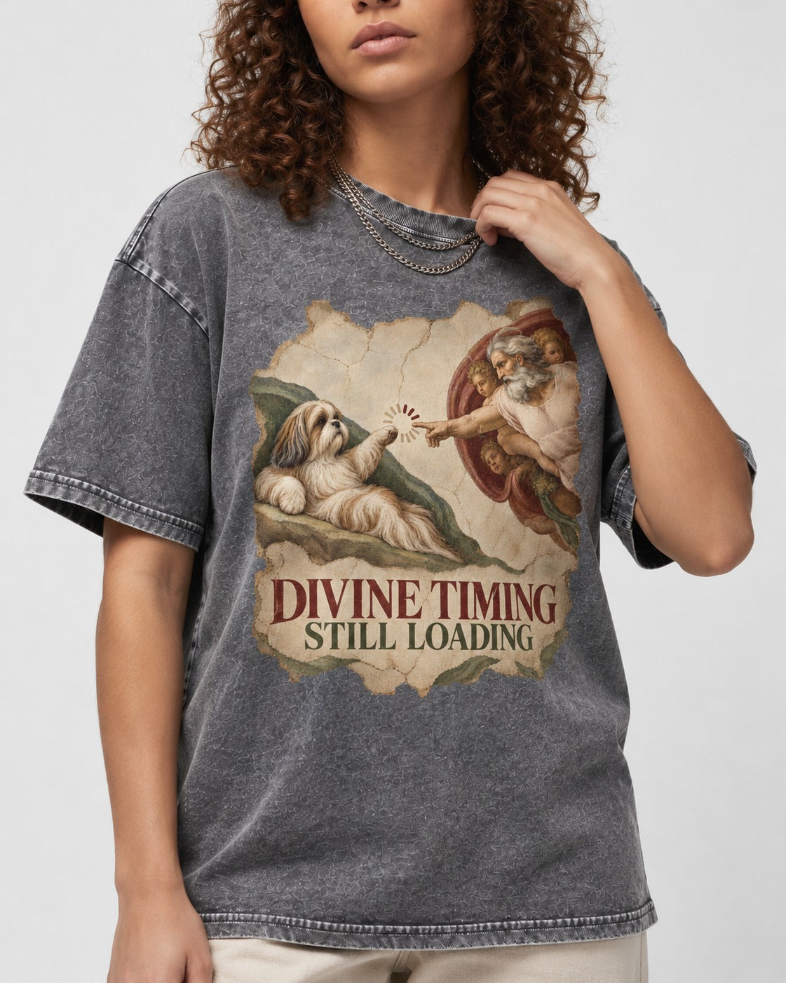 Shih Tzu Divine Timing Still Loading Renaissance Parody Graphic Washed Tee in Gray, worn by a model, front view