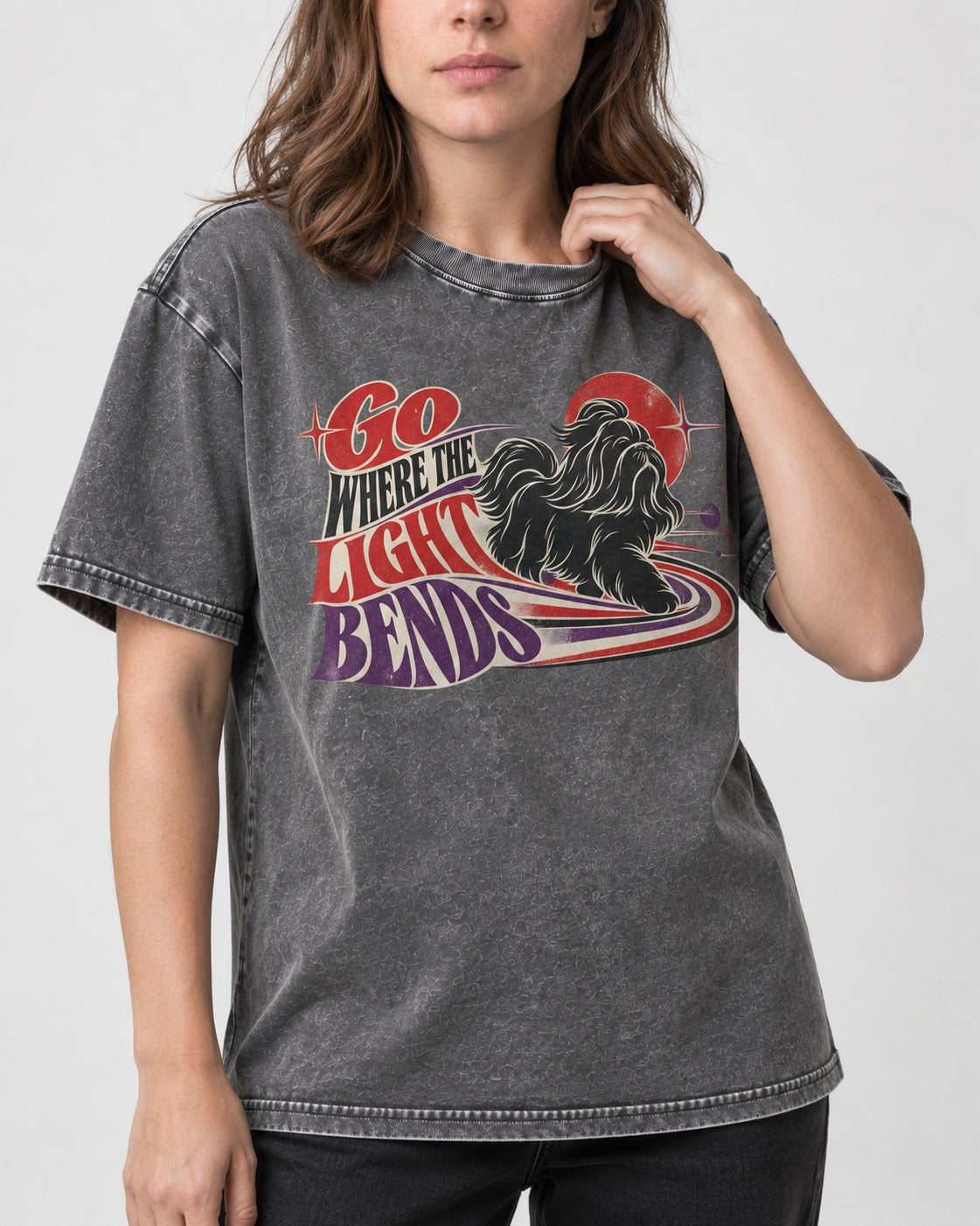 Shih Tzu Go Where the Light Bends Cosmic Orbit Graphic Washed Tee in Gray, worn by a model, front view