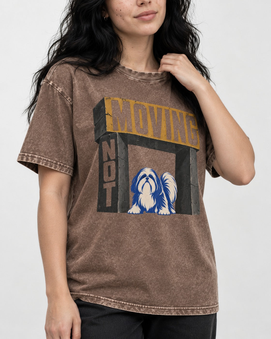 Not Moving Shih Tzu Washed Tee in Coffee, worn by a model, front view