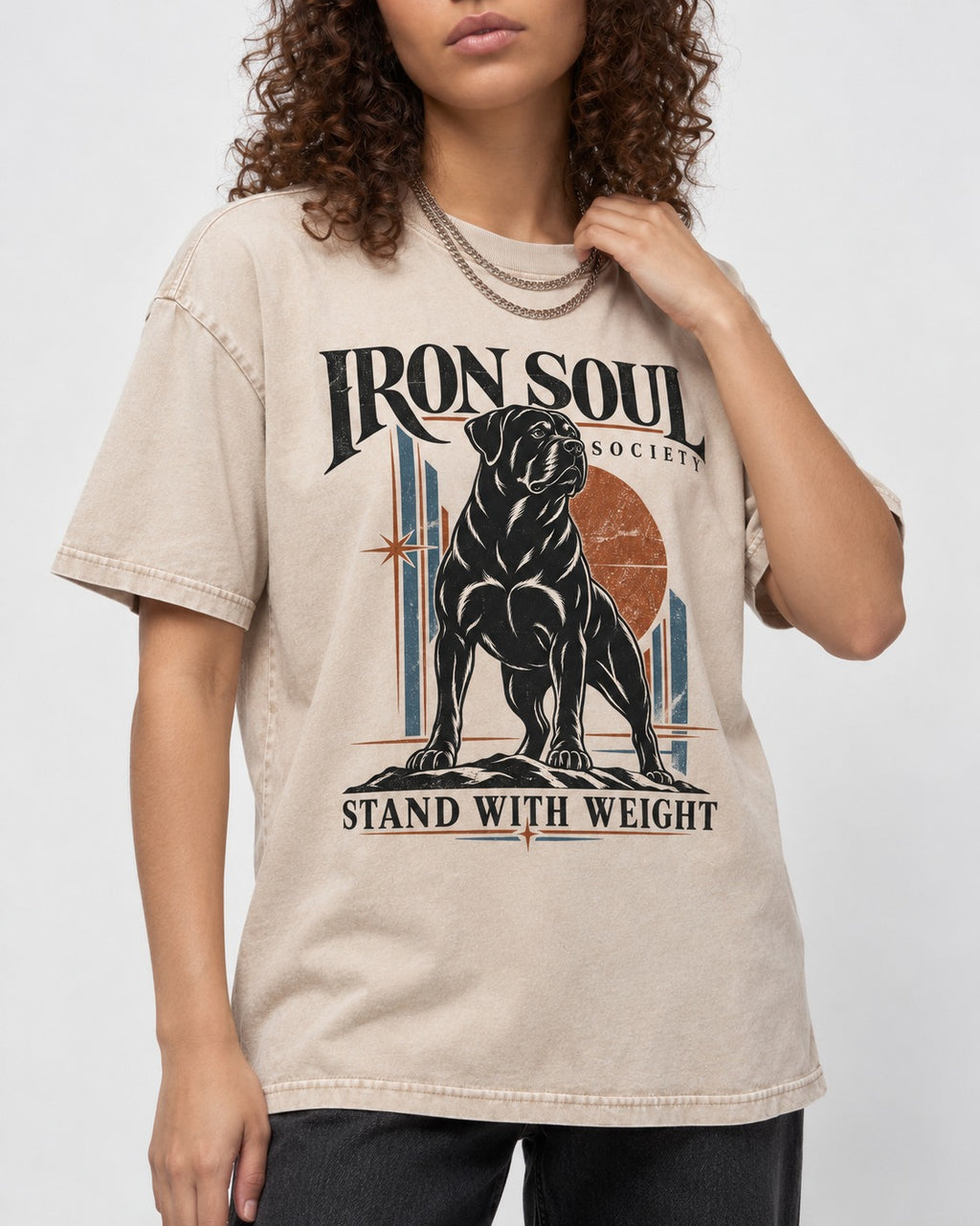 Rottweiler Iron Soul Society Washed Tee in Apricot, worn by a model, front view