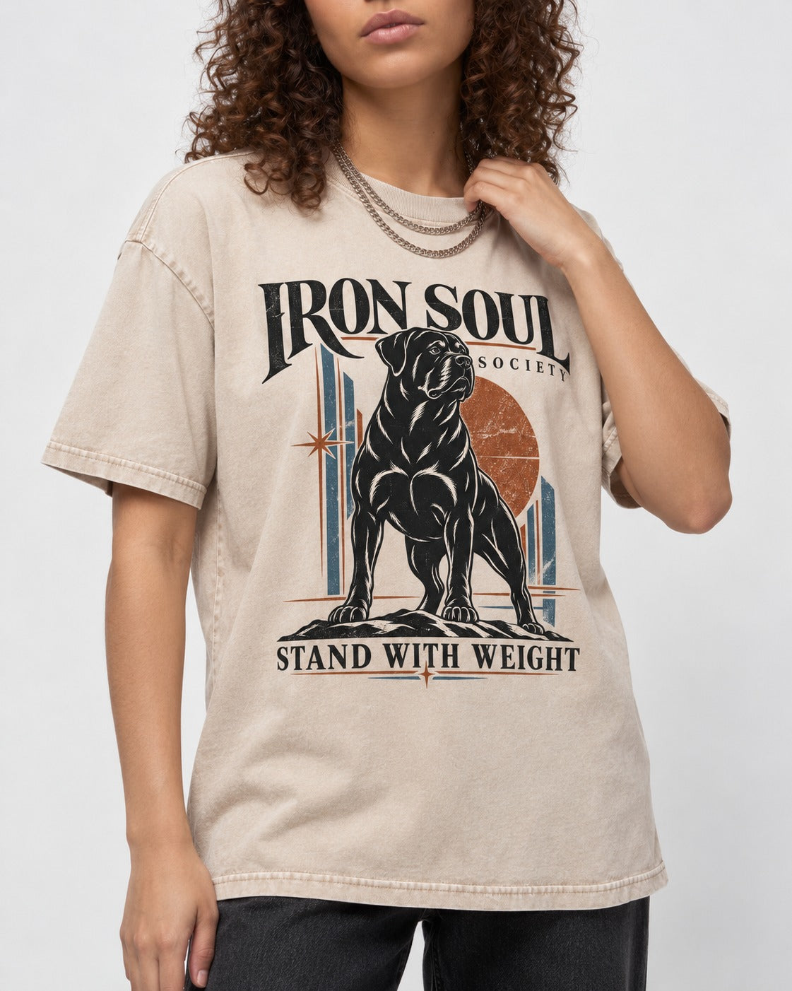 Rottweiler Iron Soul Society Washed Tee in Apricot, worn by a model, front view