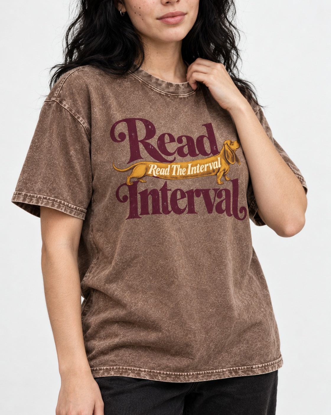 Read the Dachshund Interval Washed Tee in Coffee, worn by a model, front view