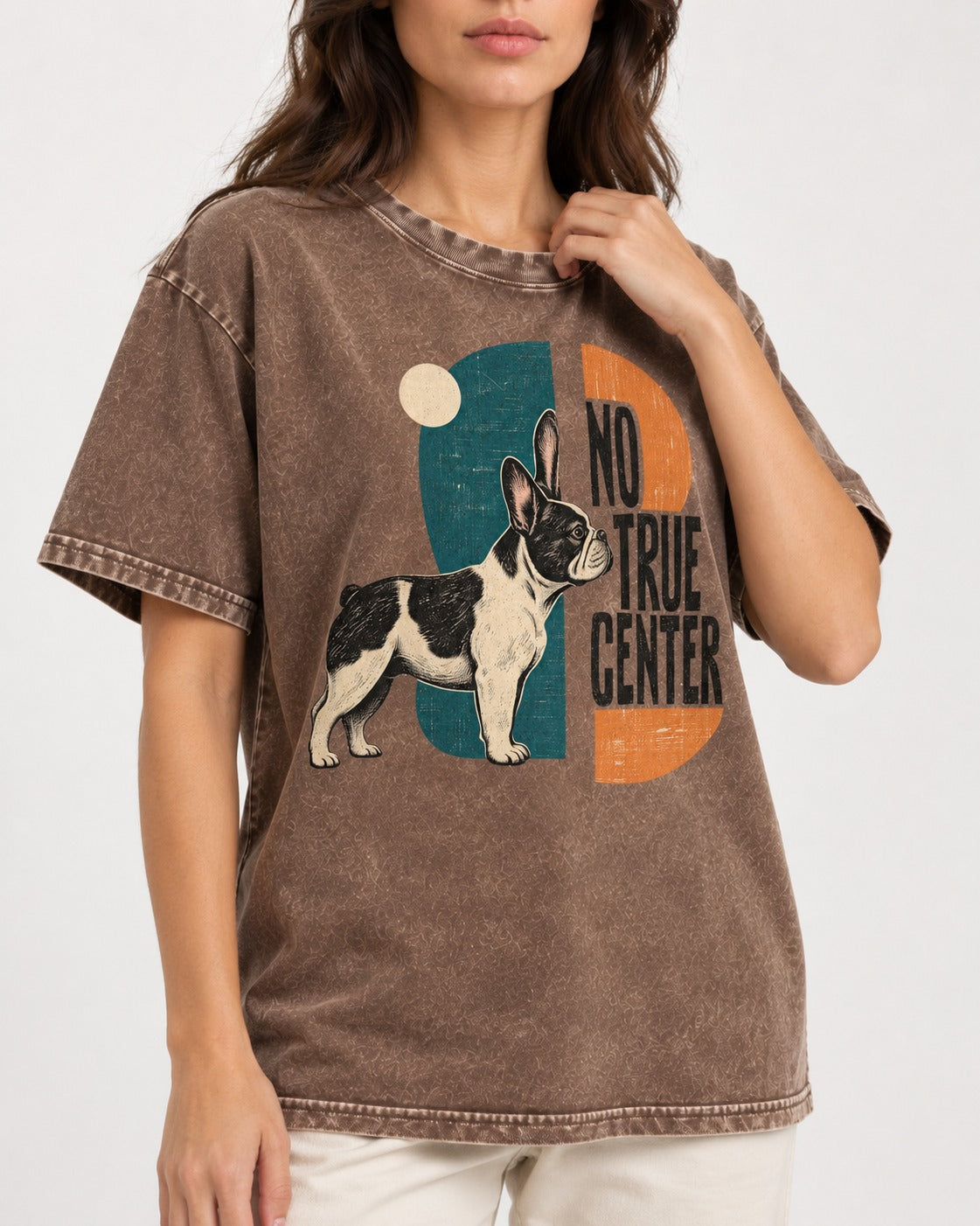 No True Center Frenchie Washed Tee in Coffee, worn by a model, front view