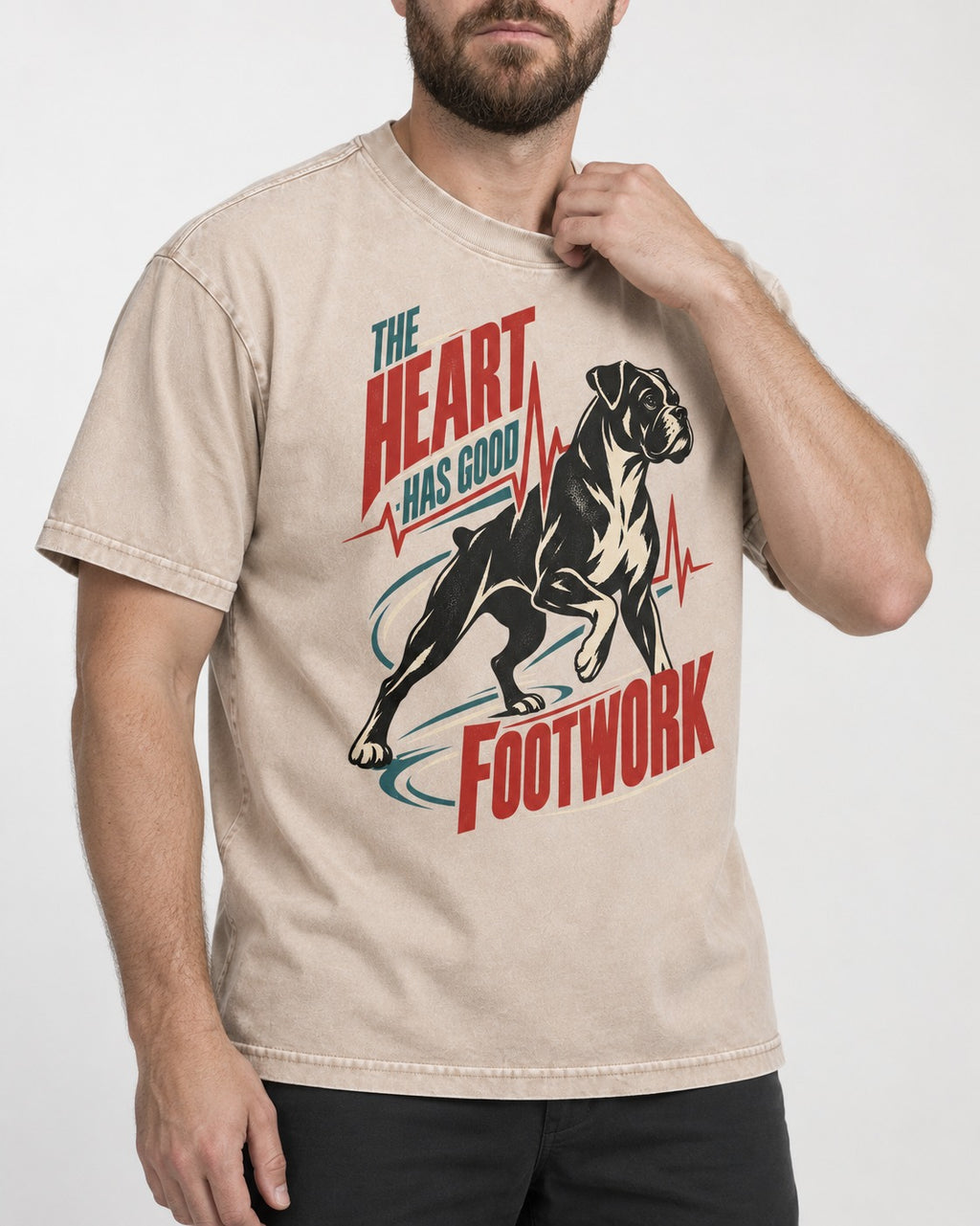 Boxer Heart Has Good Footwork Washed Tee in Apricot, worn by a model, front view