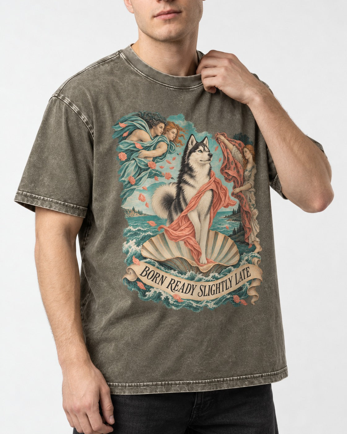 Husky Born Ready Slightly Late Renaissance Graphic Washed Tee in Army Green, worn by a model, front view
