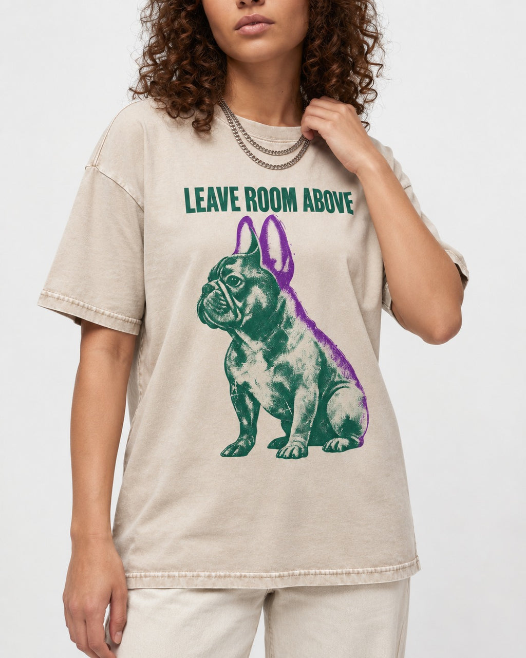 Leave Room Above Frenchie Washed Tee in Apricot, worn by a model, front view